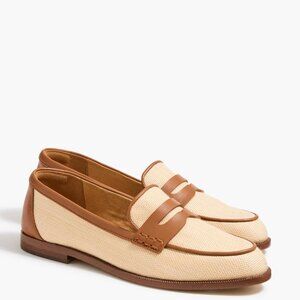 J. Crew Woven Natural Raffia Cream and Brown Leather Slip-On Loafers 9